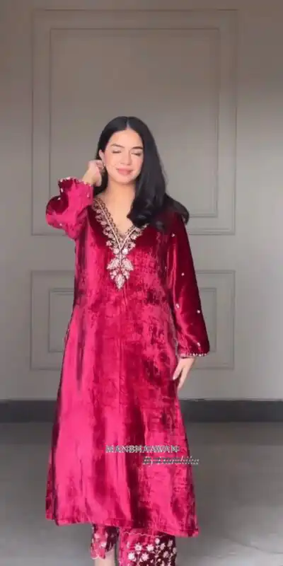 LG 2025 Red Velvet Salwar Suit with Embroidery Work & Lace Work. Exclusive Offer ₹1899. Delivery 4-6 Working Days. Shop now. | Casual Suits, Jump Suits, Tops & Bottoms, Track Suits, Trendy Wear, Creative suits, Designer Suits, Palazzo Suits, Party Wear Suits, Patiala Suits, Salwar suit, Straight Suits