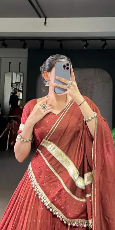 LNB 1664 Rust Pure Chanderi Lehenga Choli Perfect for Wedding, Party, Family Gatherings, Festival Celebrations, Grab it for ₹2999. Delivery 4-6 Days | Bollywood Lehenga, Creative Lehenga, Designer Lehenga, Embroidered Lehenga, Lehenga, Party Wear Lehenga