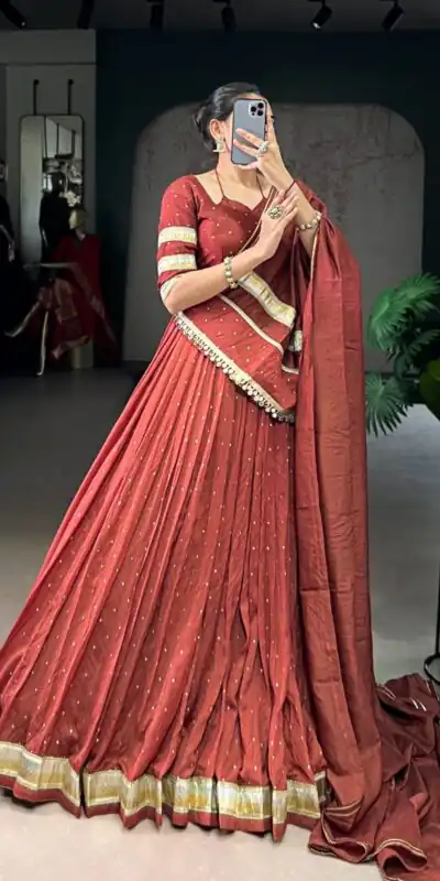 LNB 1664 Rust Pure Chanderi Lehenga Choli Perfect for Wedding, Party, Family Gatherings, Festival Celebrations, Grab it for ₹2999. Delivery 4-6 Days | Bollywood Lehenga, Creative Lehenga, Designer Lehenga, Embroidered Lehenga, Lehenga, Party Wear Lehenga