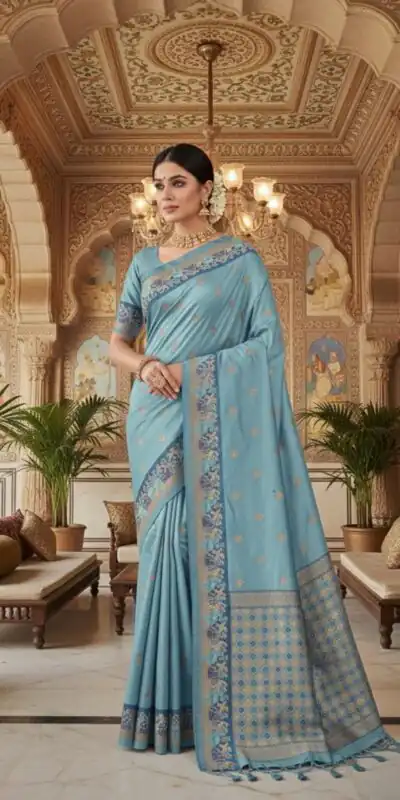 MS 545 Sky Blue Banarasi Silk Saree with Zari Work. Wedding, Party, Festive, Events, Now at just ₹1649. Delivery 4-6 Working Days. Shop now. | Creative Sarees, Embroidered Sarees, Bollywood Sarees, Designer Sarees, Ethnic Saree, Modern Digital sarees, Party Wear Sarees, Sarees