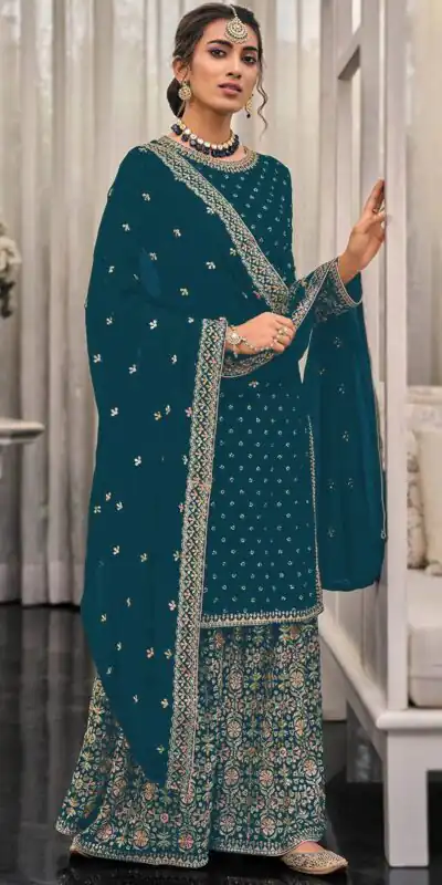 FC 1448 Teal Georgette Salwar Suit with Embroidery Work & Lace Work. Exclusive Offer ₹2599. Delivery 4-6 Working Days. Shop now. | Casual Suits, Jump Suits, Tops & Bottoms, Track Suits, Trendy Wear, Creative suits, Designer Suits, Palazzo Suits, Party Wear Suits, Patiala Suits, Salwar suit, Straight Suits