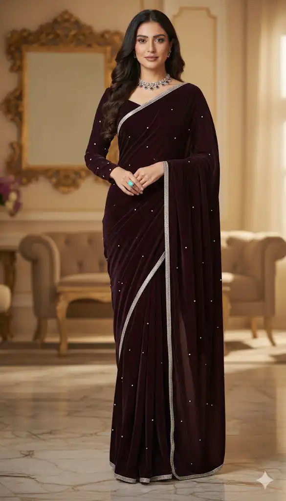 BD 1798 Wine Velvet 9000 with Revert Machine Pearl Work Saree Designer Work. Get it for ₹2049. Delivery 4-6 Working Days. Shop now. | Creative Sarees, Embroidered Sarees, Bollywood Sarees, Designer Sarees, Ethnic Saree, Modern Digital sarees, Party Wear Sarees, Sarees