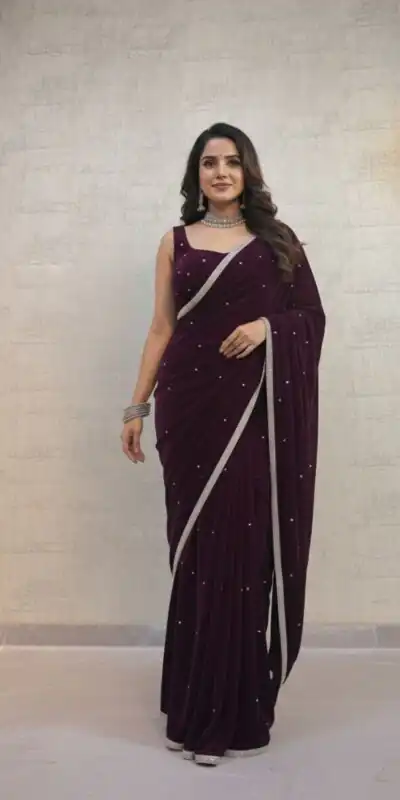 BD 1798 Wine Velvet 9000 with Revert Machine Pearl Work Saree Designer Work. Get it for ₹2049. Delivery 4-6 Working Days. Shop now. | Creative Sarees, Embroidered Sarees, Bollywood Sarees, Designer Sarees, Ethnic Saree, Modern Digital sarees, Party Wear Sarees, Sarees