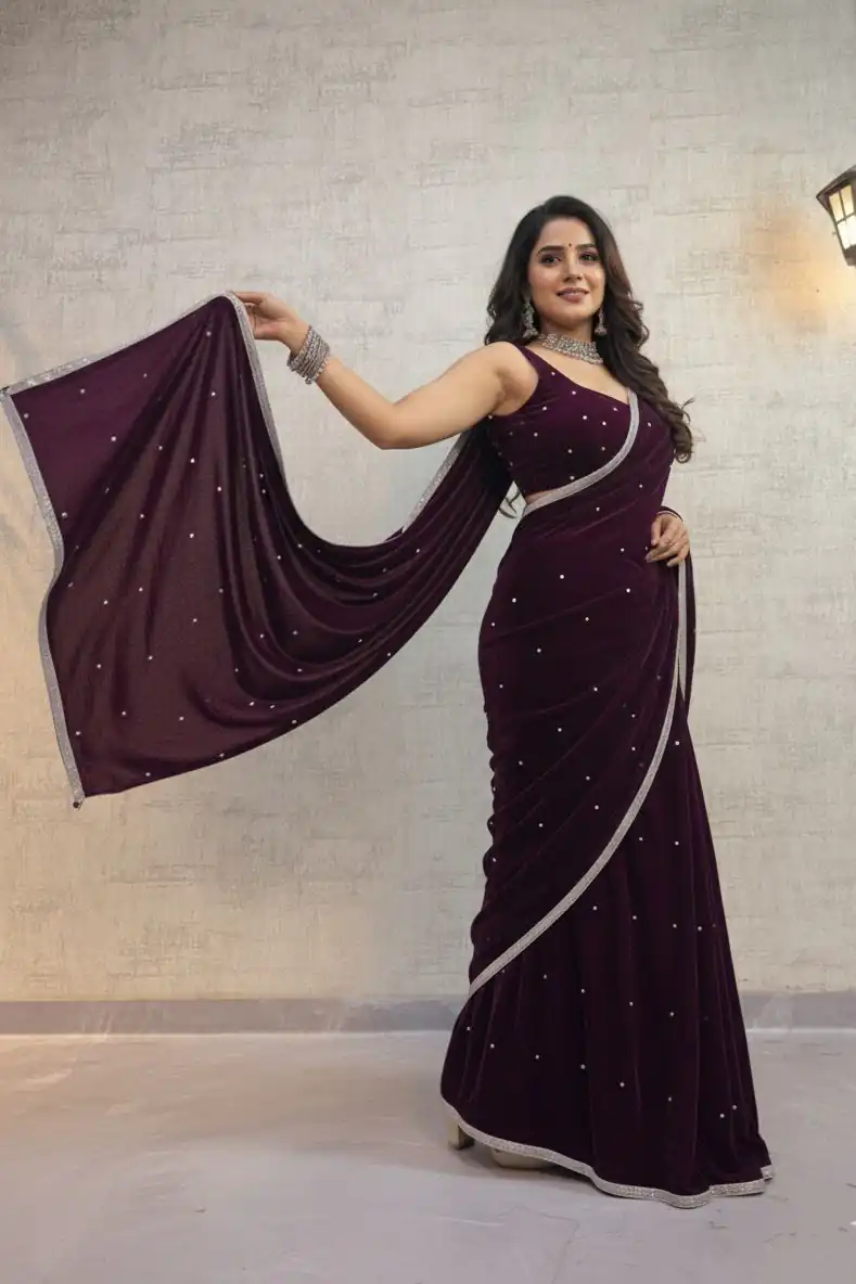 BD 1798 Wine Velvet 9000 with Revert Machine Pearl Work Saree Designer Work. Get it for ₹2049. Delivery 4-6 Working Days. Shop now. | Creative Sarees, Embroidered Sarees, Bollywood Sarees, Designer Sarees, Ethnic Saree, Modern Digital sarees, Party Wear Sarees, Sarees