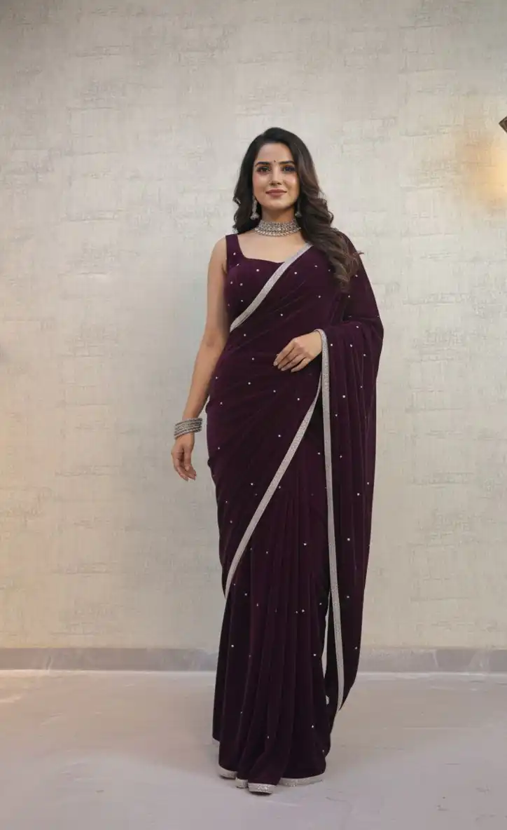 BD 1798 Wine Velvet 9000 with Revert Machine Pearl Work Saree Designer Work. Get it for ₹2049. Delivery 4-6 Working Days. Shop now. | Creative Sarees, Embroidered Sarees, Bollywood Sarees, Designer Sarees, Ethnic Saree, Modern Digital sarees, Party Wear Sarees, Sarees
