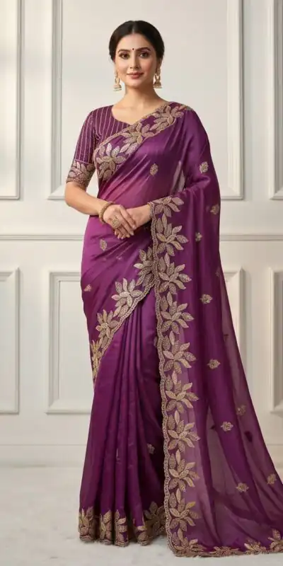 Wine Soft Organza Silk With Sequins Work Saree