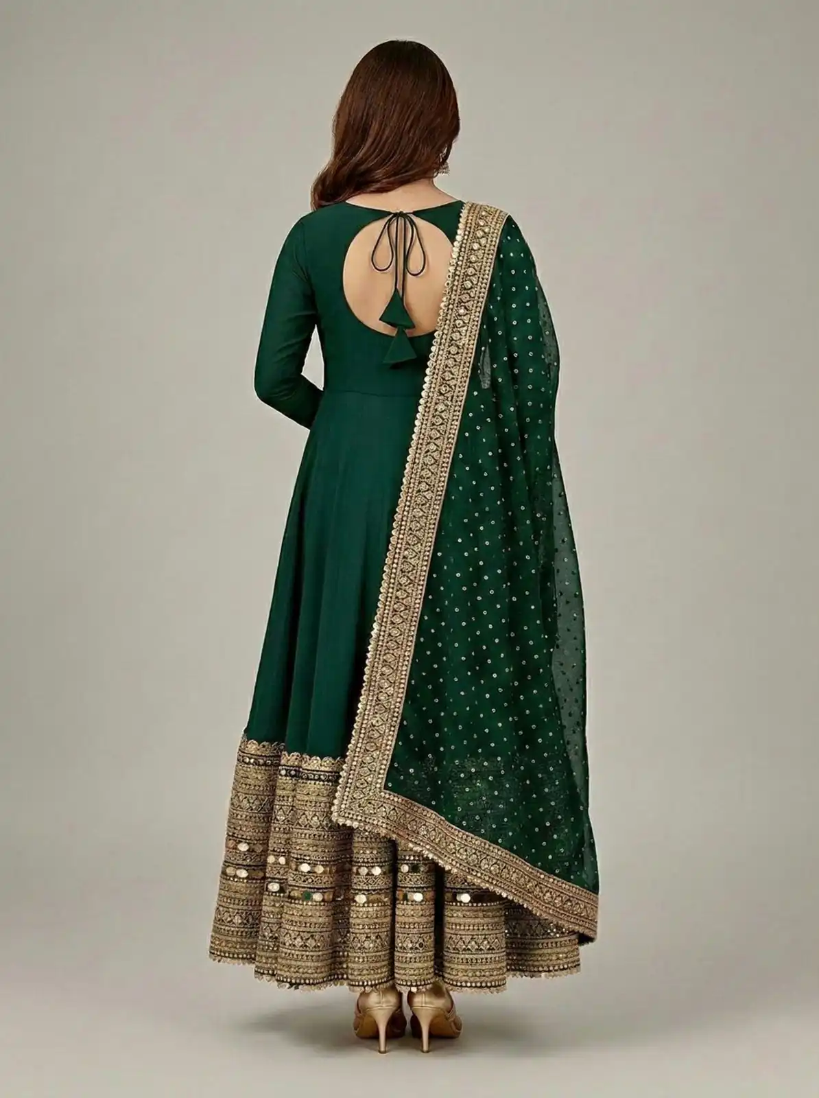 Green Roman Silk Embroidery Lace Work Gown - Image 5