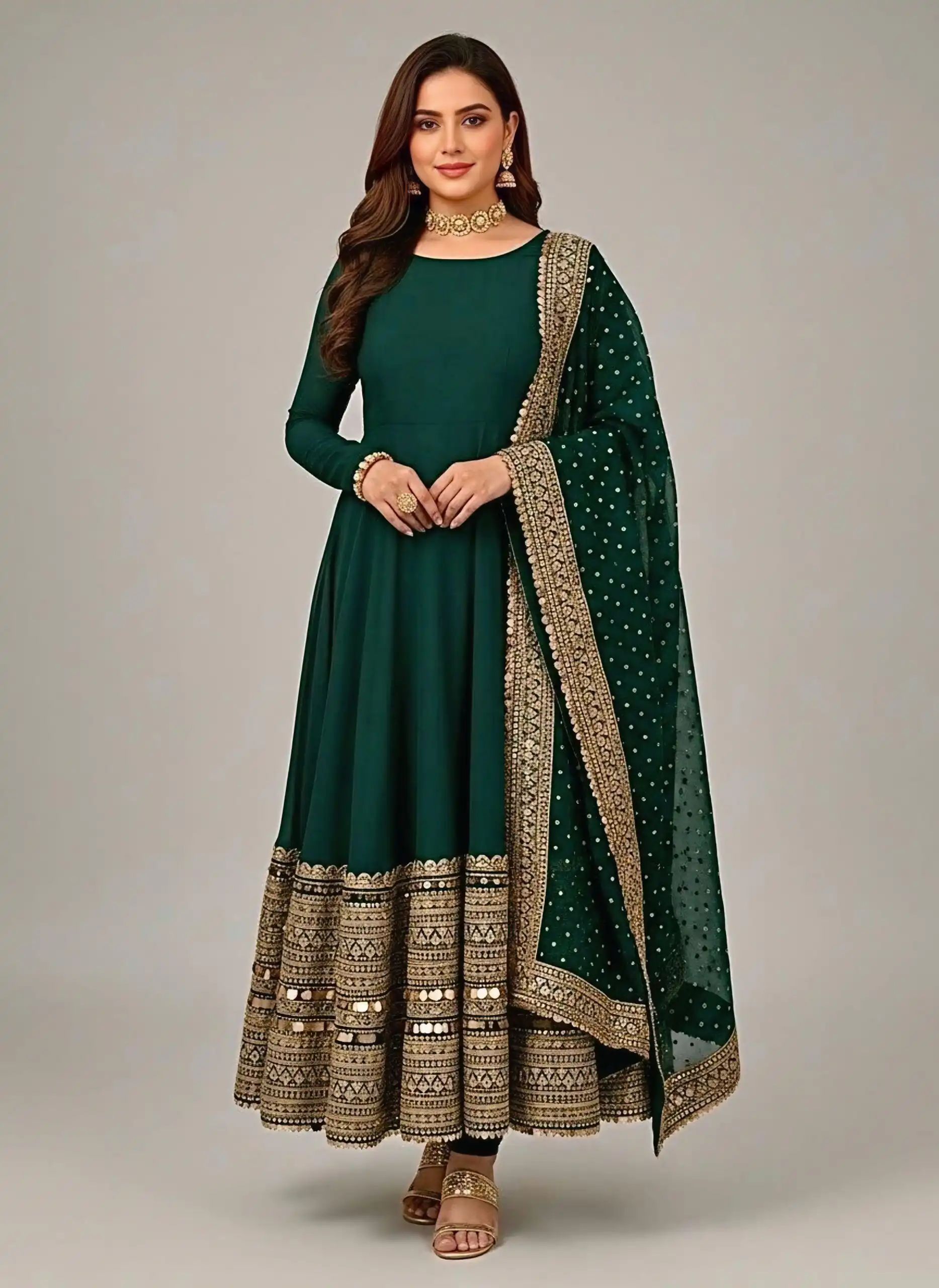 Green Roman Silk Embroidery Lace Work Gown - Image 10