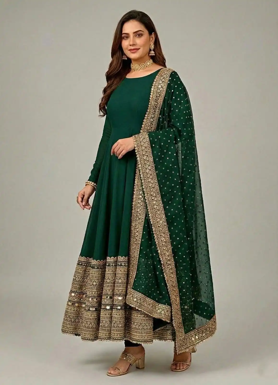 Green Roman Silk Embroidery Lace Work Gown - Image 12
