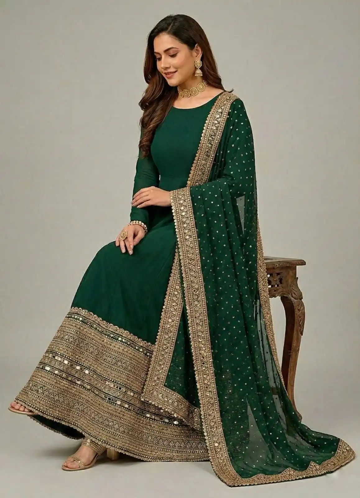 Green Roman Silk Embroidery Lace Work Gown - Image 13