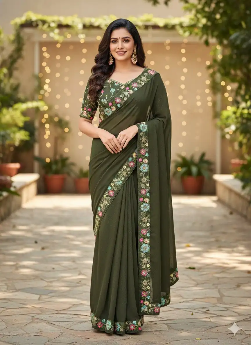 Mahendi Star Georgette Lace Embroidery Work Saree