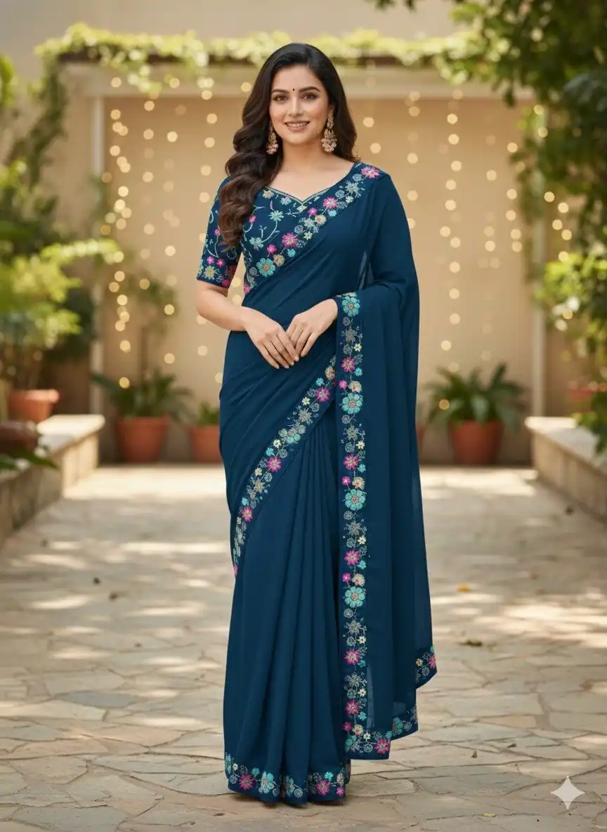 Teal Star Georgette Lace Embroidery Work Saree