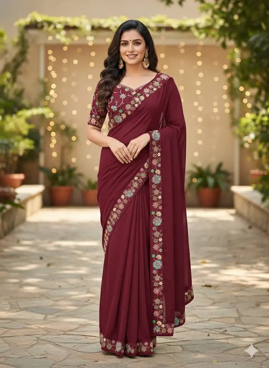 Pink Star Georgette Lace Embroidery Work Saree