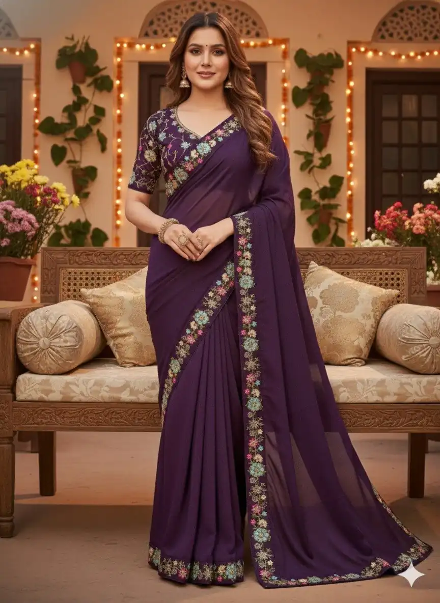 Wine Star Georgette Lace Embroidery Work Saree