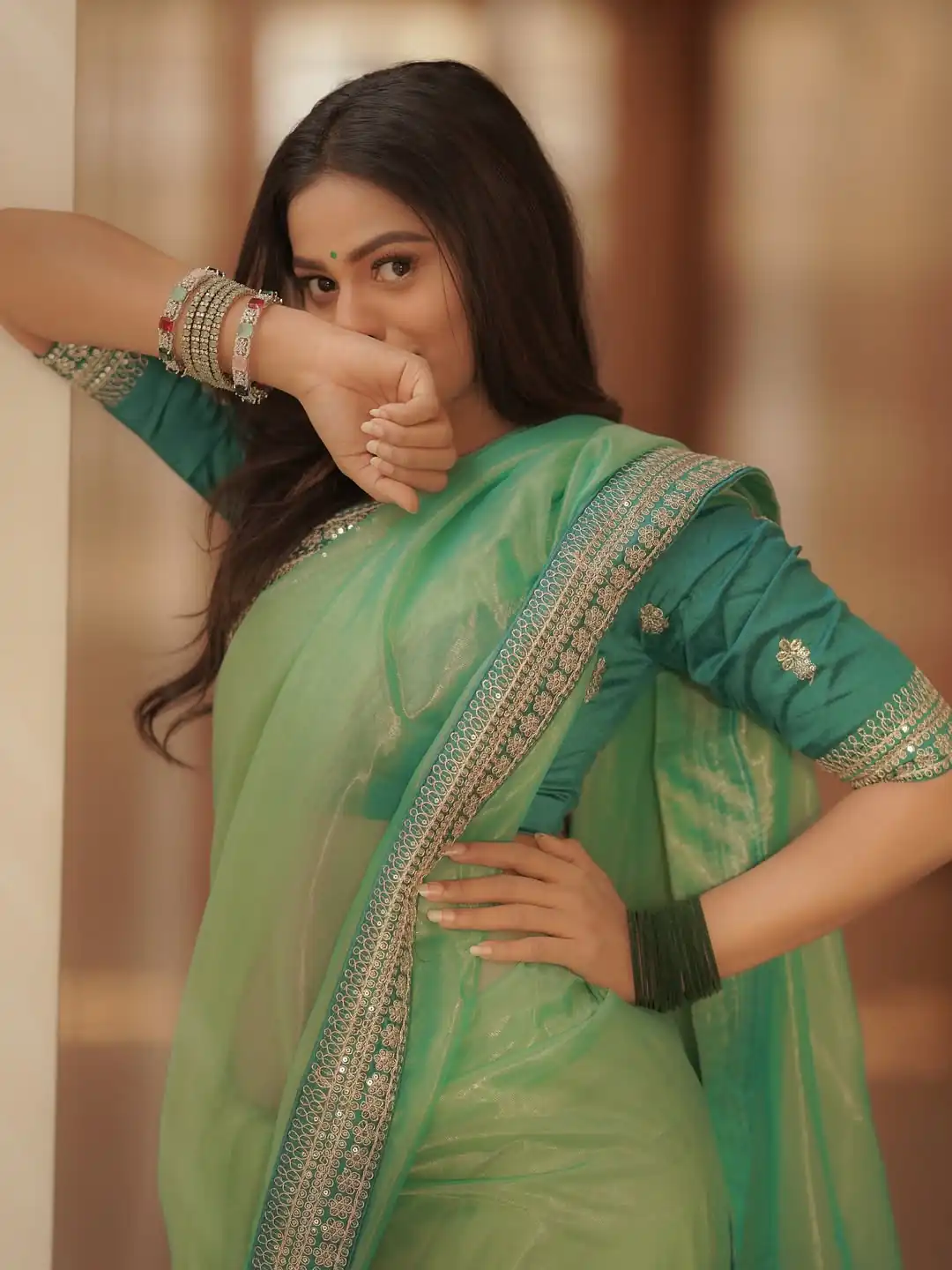 Pista Twill Net Sequins Embroidery Work Saree - Image 2