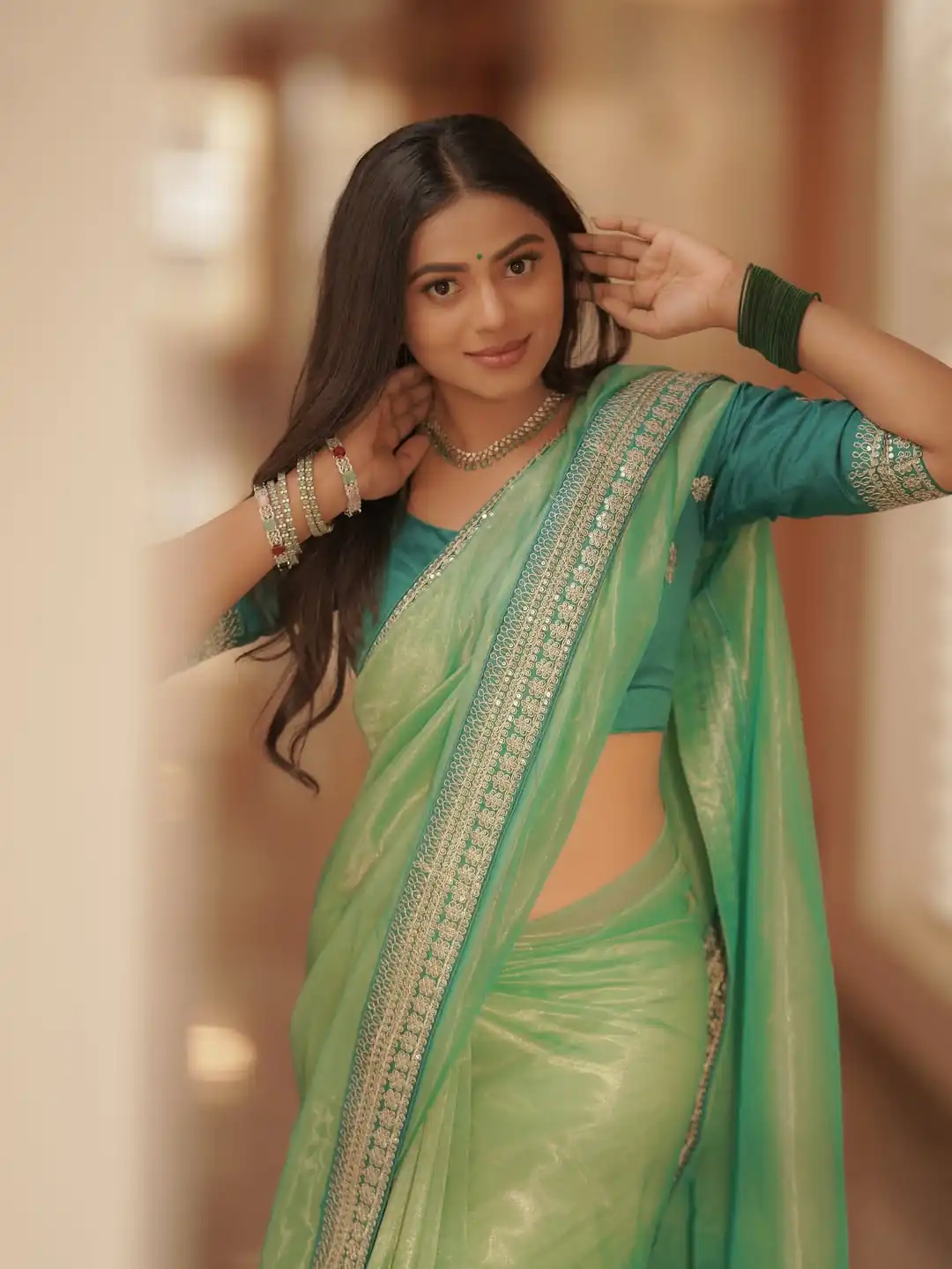 Pista Twill Net Sequins Embroidery Work Saree - Image 4