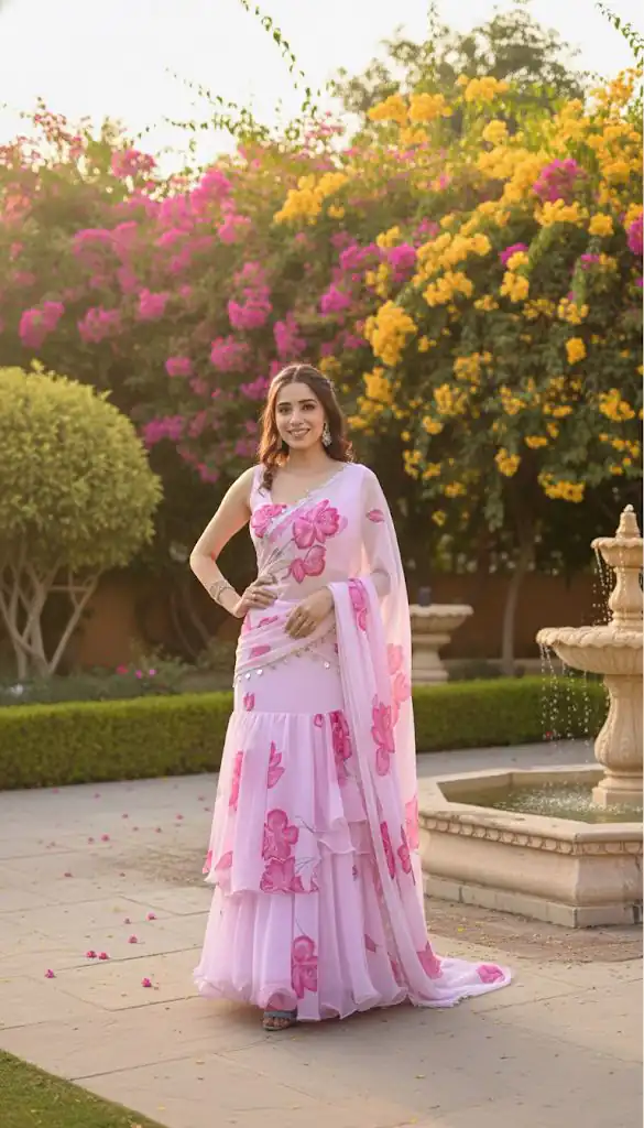 Baby Pink Premium Faux Georgette Saree BD 1805 Baby Pink with Digital Print. Now at just ₹2049. Delivery 4-6 Working Days. Shop now. | Creative Sarees, Embroidered Sarees, Bollywood Sarees, Designer Sarees, Ethnic Saree, Modern Digital sarees, Party Wear Sarees, Sarees