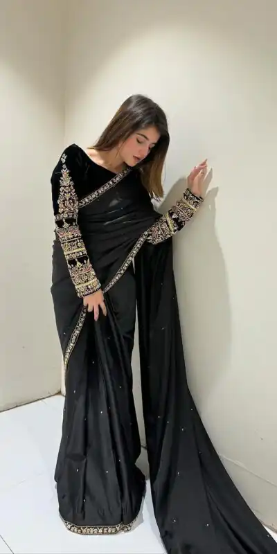 ST 403 Black in 9000 Velvet Embroidery Work & Lace Work Saree . Introductory Price ₹1999. Delivery 4-6 Working Days. Shop now. | Creative Sarees, Embroidered Sarees, Bollywood Sarees, Designer Sarees, Ethnic Saree, Modern Digital sarees, Party Wear Sarees, Sarees