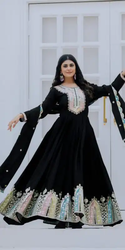 ZF 5002 Black Color Chinon Silk Salwar Suit with Embroidery Work. Festive Deal ₹2099. Delivery 4-6 Working Days. Shop now. | Casual Suits, Jump Suits, Tops & Bottoms, Track Suits, Trendy Wear, Creative suits, Designer Suits, Palazzo Suits, Party Wear Suits, Patiala Suits, Salwar suit, Straight Suits
