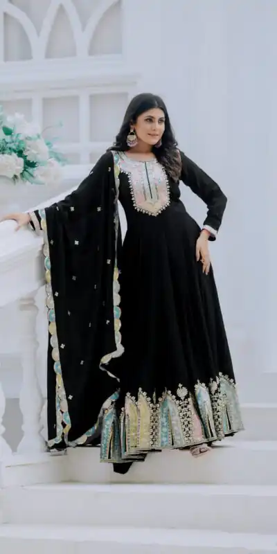 ZF 5002 Black Color Chinon Silk Salwar Suit with Embroidery Work. Festive Deal ₹2099. Delivery 4-6 Working Days. Shop now. | Casual Suits, Jump Suits, Tops & Bottoms, Track Suits, Trendy Wear, Creative suits, Designer Suits, Palazzo Suits, Party Wear Suits, Patiala Suits, Salwar suit, Straight Suits