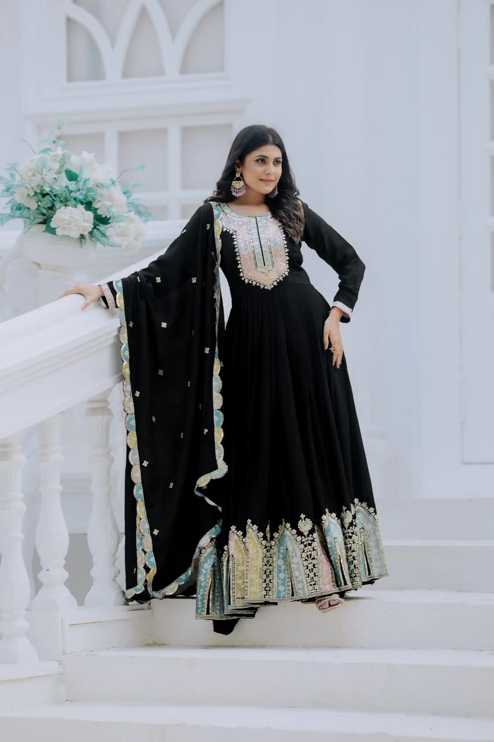 ZF 5002 Black Color Chinon Silk Salwar Suit with Embroidery Work. Festive Deal ₹2099. Delivery 4-6 Working Days. Shop now. | Casual Suits, Jump Suits, Tops & Bottoms, Track Suits, Trendy Wear, Creative suits, Designer Suits, Palazzo Suits, Party Wear Suits, Patiala Suits, Salwar suit, Straight Suits
