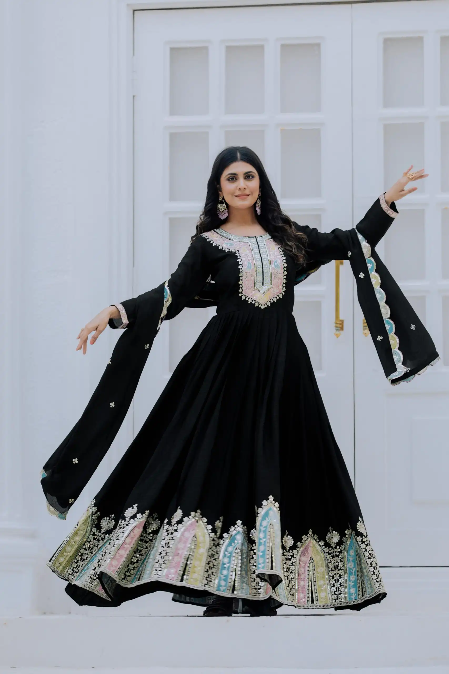 ZF 5002 Black Color Chinon Silk Salwar Suit with Embroidery Work. Festive Deal ₹2099. Delivery 4-6 Working Days. Shop now. | Casual Suits, Jump Suits, Tops & Bottoms, Track Suits, Trendy Wear, Creative suits, Designer Suits, Palazzo Suits, Party Wear Suits, Patiala Suits, Salwar suit, Straight Suits