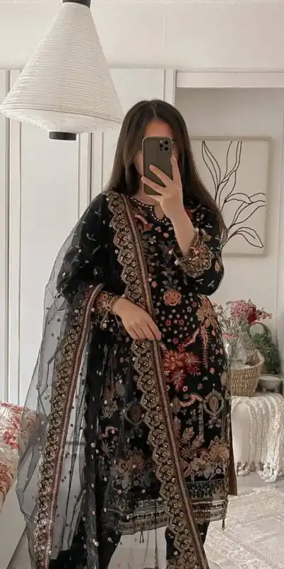 ST 169 Black in Faux Georgette Designer Work Salwar Suit . Wedding, Party, Festive, Events, Get it for ₹2049. Delivery 4-6 Working Days. Shop now. | Casual Suits, Jump Suits, Tops & Bottoms, Track Suits, Trendy Wear, Creative suits, Designer Suits, Palazzo Suits, Party Wear Suits, Patiala Suits, Salwar suit, Straight Suits