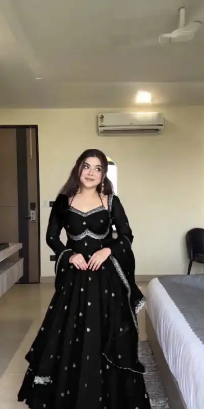 RTC 5924 Black Georgette Thread With Sequence Gown Perfect for Wedding, Party, Reception, Holi, Eid . Available at ₹1999 only. Delivery 4-6 Working Days. | Bollywood Gowns, Creative Gowns, Designer Gowns, Embroidered Gowns, Gowns, Party Wear Gowns