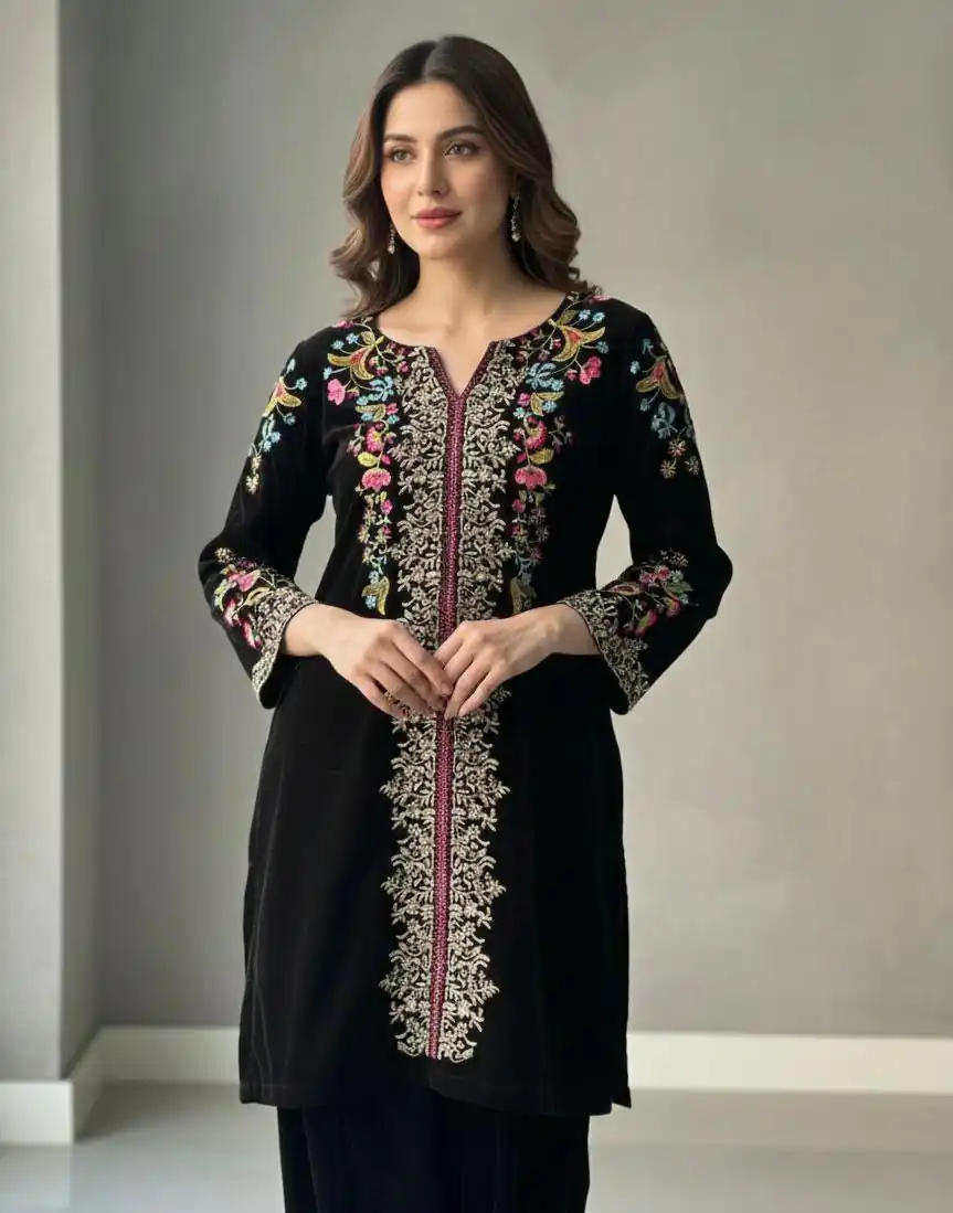 BE 426 Black Color Velvet Salwar Suit with Embroidery Work. Available at ₹1799 only. Delivery 4-6 Working Days. Shop now. | Casual Suits, Jump Suits, Tops & Bottoms, Track Suits, Trendy Wear, Creative suits, Designer Suits, Palazzo Suits, Party Wear Suits, Patiala Suits, Salwar suit, Straight Suits