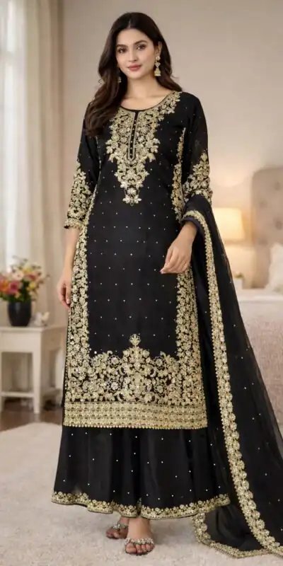 SSR 535 Black in Organza Silk Embroidery Work Salwar Suit . Available at ₹2399 only. Delivery 4-6 Working Days. Shop now. | Casual Suits, Jump Suits, Tops & Bottoms, Track Suits, Trendy Wear, Creative suits, Designer Suits, Palazzo Suits, Party Wear Suits, Patiala Suits, Salwar suit, Straight Suits