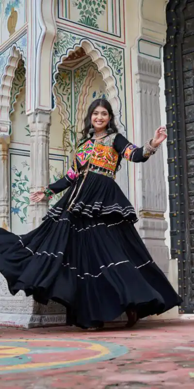 Ram 120 Black in Pure Cotton Mirror Work & Gamthi Work Lehenga Choli . Exclusive Offer ₹3049. Delivery 4-6 Working Days. Shop now. | Bollywood Lehenga, Creative Lehenga, Designer Lehenga, Embroidered Lehenga, Lehenga, Party Wear Lehenga