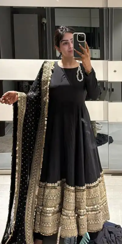 ZSR 3152 Black Color Roman silk Gown with Embroidery Work & Lace Work. Grab it for ₹2599. Delivery 4-6 Working Days. Shop now. | Bollywood Gowns, Creative Gowns, Designer Gowns, Embroidered Gowns, Gowns, Party Wear Gowns