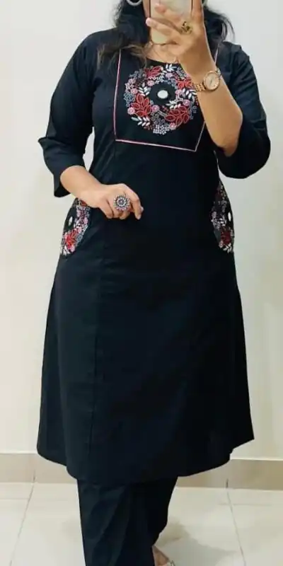MF 1114 Black Soft Cotton Slub Kurti with Embroidery Work. Wedding, Party, Festive, Events, Grab it for ₹1549. Delivery 4-6 Working Days. Shop now. | Bollywood Kurti, Creative Kurtis, Designer Kurti, Kurti, Party Wear Kurti, Selfie Kurti