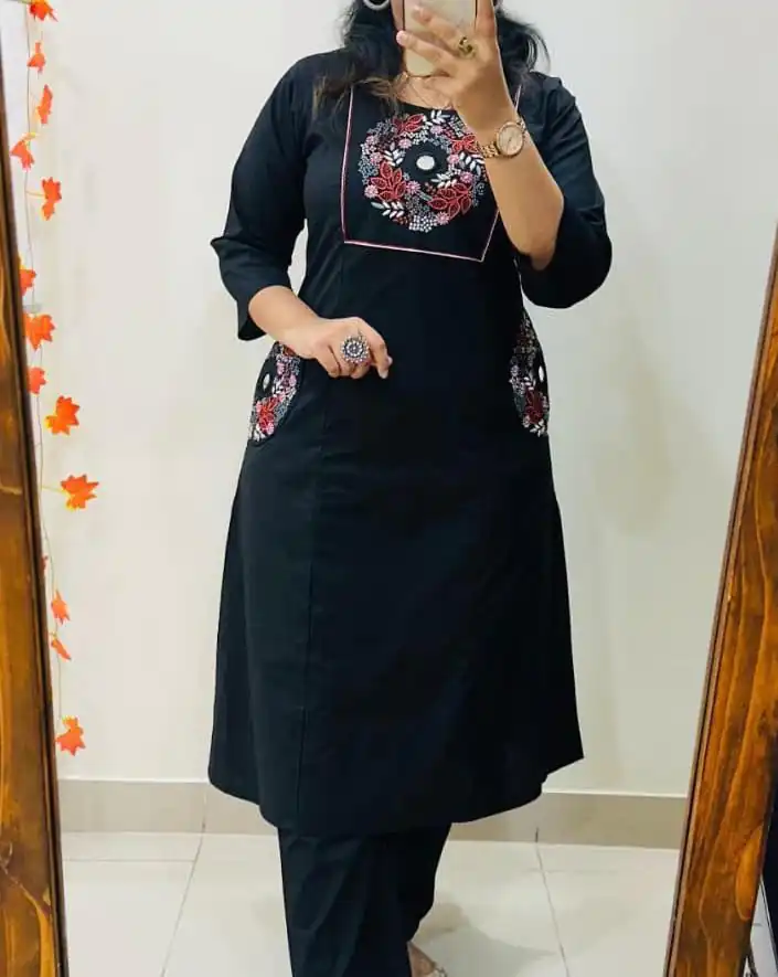 MF 1114 Black Soft Cotton Slub Kurti with Embroidery Work. Wedding, Party, Festive, Events, Grab it for ₹1549. Delivery 4-6 Working Days. Shop now. | Bollywood Kurti, Creative Kurtis, Designer Kurti, Kurti, Party Wear Kurti, Selfie Kurti