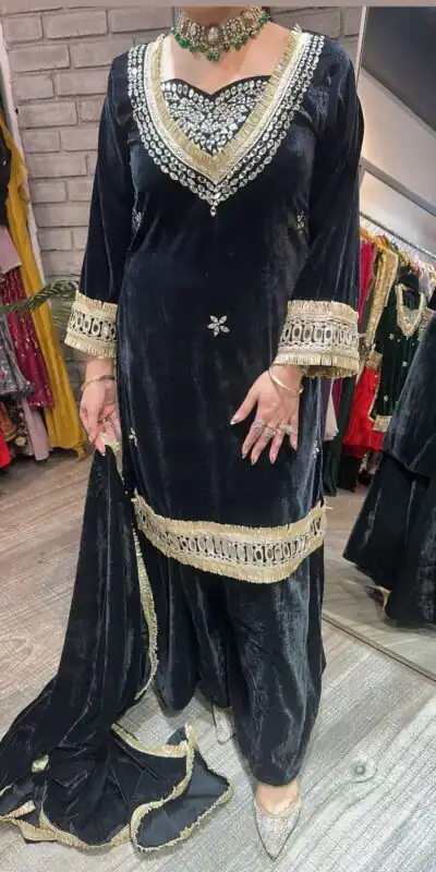 LG 2044 Black in Velvet Mirror Work & Embroidery Work Salwar Suit . Best Price ₹2599. Delivery 4-6 Working Days. Shop now. | Casual Suits, Jump Suits, Tops & Bottoms, Track Suits, Trendy Wear, Creative suits, Designer Suits, Palazzo Suits, Party Wear Suits, Patiala Suits, Salwar suit, Straight Suits