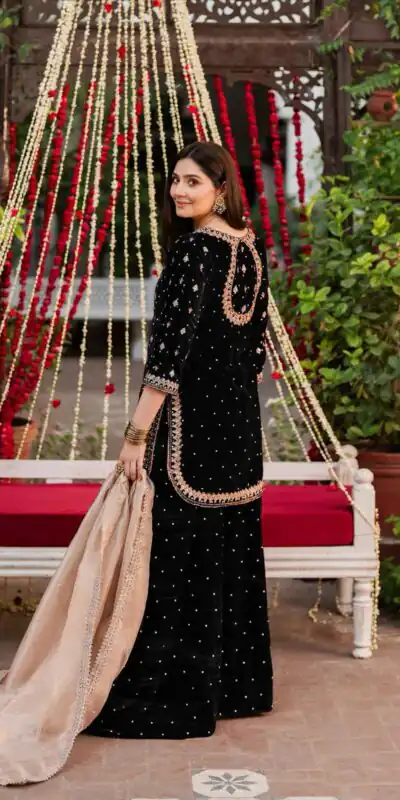 KD 1536 Black Viscose Velvet Thread Sequence Work Salwar Suit Wedding, Party, Festive, Events, Special Price ₹2399. Delivery 4-6 Working Days. Shop now. | Casual Suits, Jump Suits, Tops & Bottoms, Track Suits, Trendy Wear, Creative suits, Designer Suits, Palazzo Suits, Party Wear Suits, Patiala Suits, Salwar suit, Straight Suits