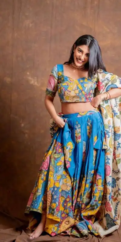 PC 425 Blue Color Chent Crep Lehenga Choli with Kalamkari Print. Special Price ₹2049. Delivery 4-6 Working Days. Shop now. | Bollywood Lehenga, Creative Lehenga, Designer Lehenga, Embroidered Lehenga, Lehenga, Party Wear Lehenga