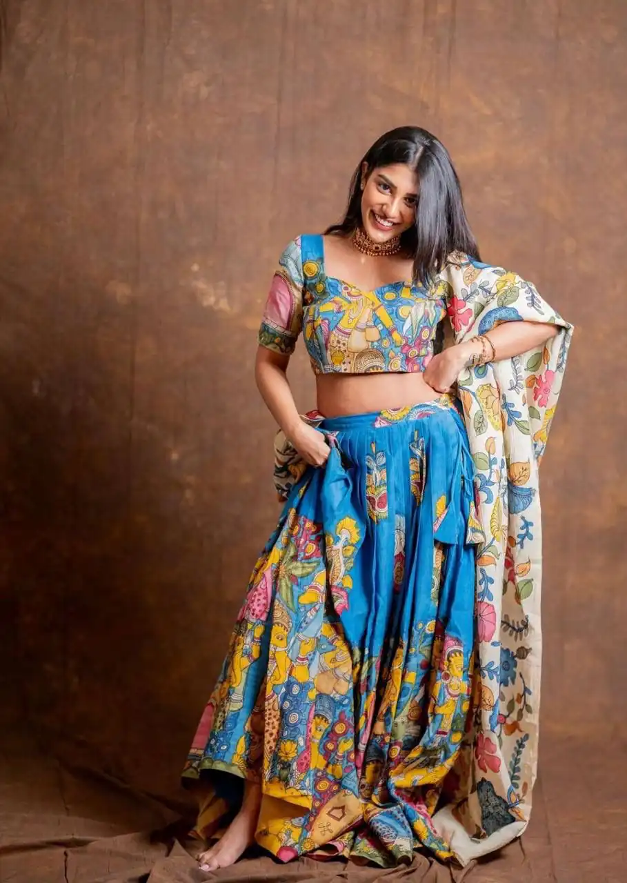 PC 425 Blue Color Chent Crep Lehenga Choli with Kalamkari Print. Special Price ₹2049. Delivery 4-6 Working Days. Shop now. | Bollywood Lehenga, Creative Lehenga, Designer Lehenga, Embroidered Lehenga, Lehenga, Party Wear Lehenga