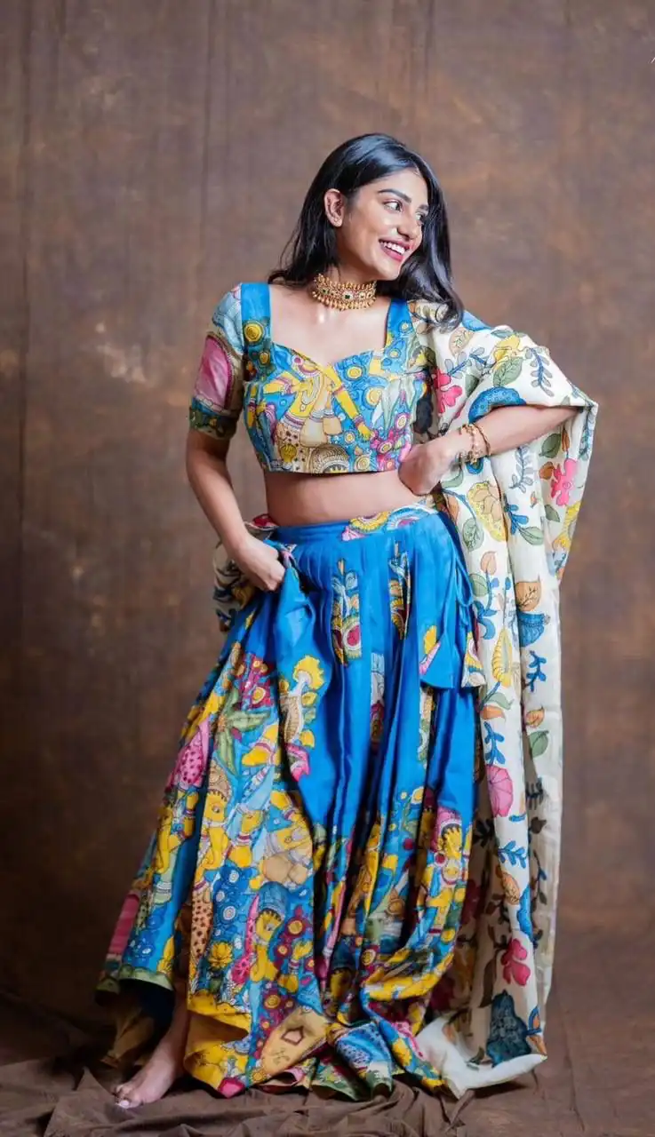 PC 425 Blue Color Chent Crep Lehenga Choli with Kalamkari Print. Special Price ₹2049. Delivery 4-6 Working Days. Shop now. | Bollywood Lehenga, Creative Lehenga, Designer Lehenga, Embroidered Lehenga, Lehenga, Party Wear Lehenga