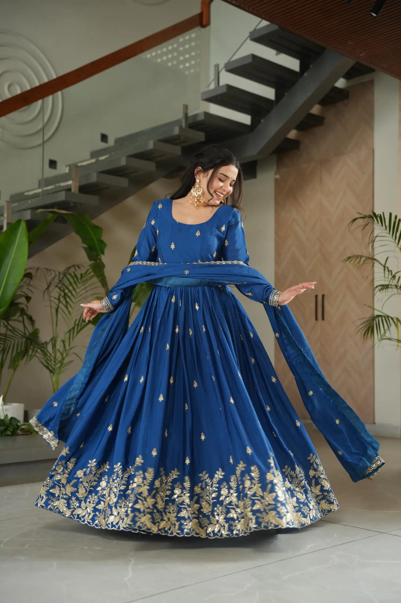 KA 1166 Blue Color Chinnon Gown with Zari Work & Embroidery Work. Available at ₹2099 only. Delivery 4-6 Working Days. Shop now. | Bollywood Gowns, Creative Gowns, Designer Gowns, Embroidered Gowns, Gowns, Party Wear Gowns