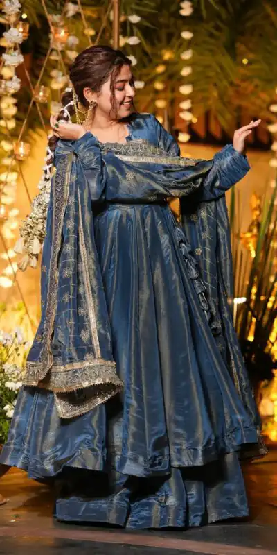 VLM 311 Blue Cosmos Silk Gown. Perfect for Wedding, Party, Baby Shower, Reception, Haldi – Now at just ₹2399. Delivery 4-6 Working Days. Shop now. | Bollywood Gowns, Creative Gowns, Designer Gowns, Embroidered Gowns, Gowns, Party Wear Gowns