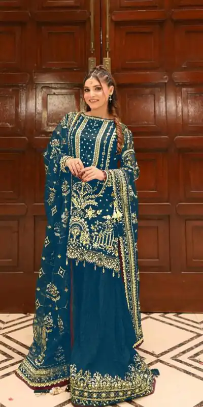AD 213 Blue Khajuri Crush Georgette Salwar Suit with Lace Work & Embroidery Work. Festive Deal ₹2649. Delivery 4-6 Working Days. Shop now. | Casual Suits, Jump Suits, Tops & Bottoms, Track Suits, Trendy Wear, Creative suits, Designer Suits, Palazzo Suits, Party Wear Suits, Patiala Suits, Salwar suit, Straight Suits