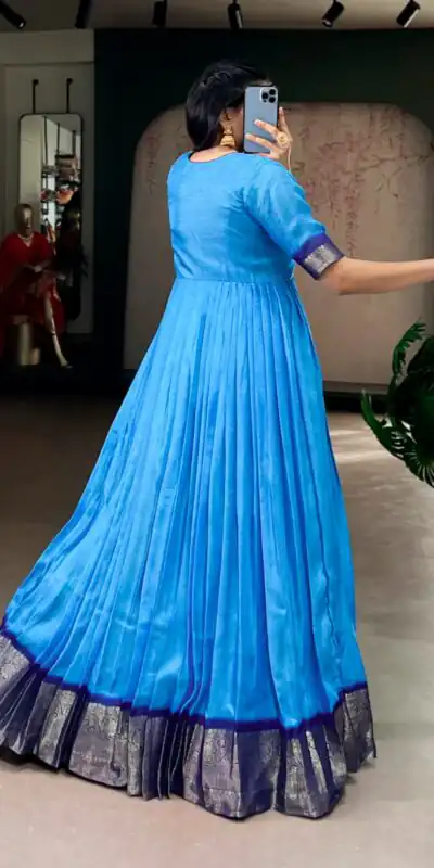 YNF 5012 Blue Mass Mello Gown with Zari Work. Available at ₹1799 only. Wedding, Party, Festive, Events Delivery 4-6 Working Days. Shop now. | Bollywood Gowns, Creative Gowns, Designer Gowns, Embroidered Gowns, Gowns, Party Wear Gowns