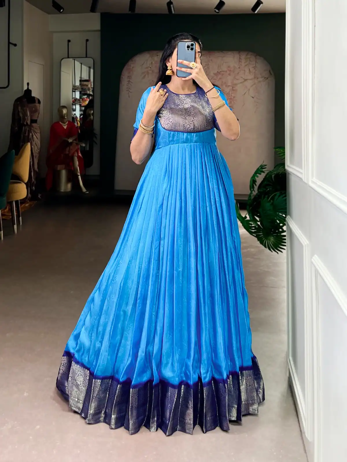 YNF 5012 Blue Mass Mello Gown with Zari Work. Available at ₹1799 only. Wedding, Party, Festive, Events Delivery 4-6 Working Days. Shop now. | Bollywood Gowns, Creative Gowns, Designer Gowns, Embroidered Gowns, Gowns, Party Wear Gowns