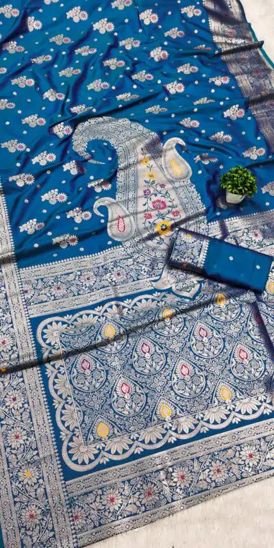 MB 3279 Blue Soft Banarasi Silk Saree with Lace Work & Zari Work. Festive Deal ₹1899. Delivery 4-6 Working Days. Shop now. | Creative Sarees, Embroidered Sarees, Bollywood Sarees, Designer Sarees, Ethnic Saree, Modern Digital sarees, Party Wear Sarees, Sarees