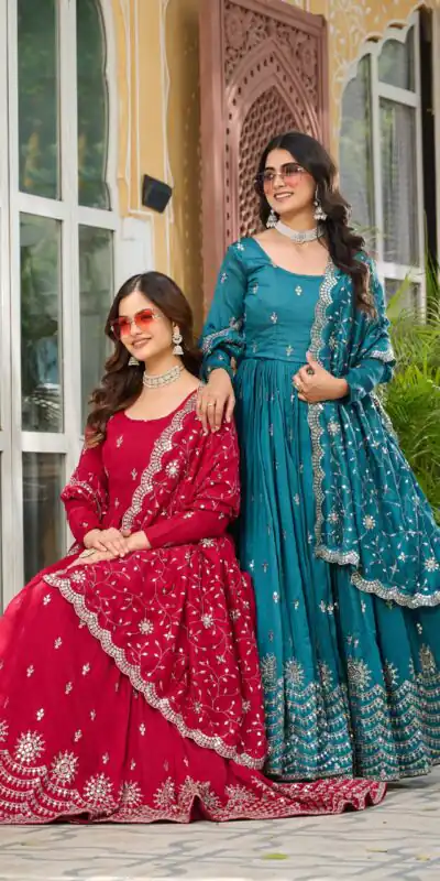 Ram 097 Blue Vichitra Silk Gown with Embroidery Work. Wedding, Party, Festive, Events Affordable Price ₹2549. Delivery 4-6 Working Days. Shop now. | Bollywood Gowns, Creative Gowns, Designer Gowns, Embroidered Gowns, Gowns, Party Wear Gowns