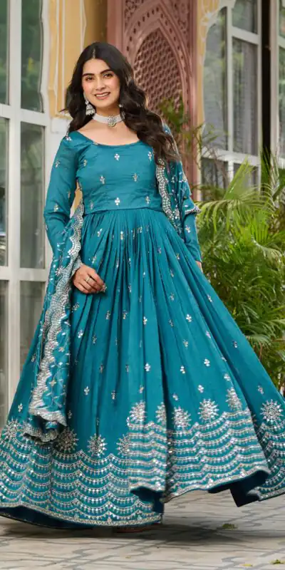 Ram 097 Blue Vichitra Silk Gown with Embroidery Work. Wedding, Party, Festive, Events Affordable Price ₹2549. Delivery 4-6 Working Days. Shop now. | Bollywood Gowns, Creative Gowns, Designer Gowns, Embroidered Gowns, Gowns, Party Wear Gowns