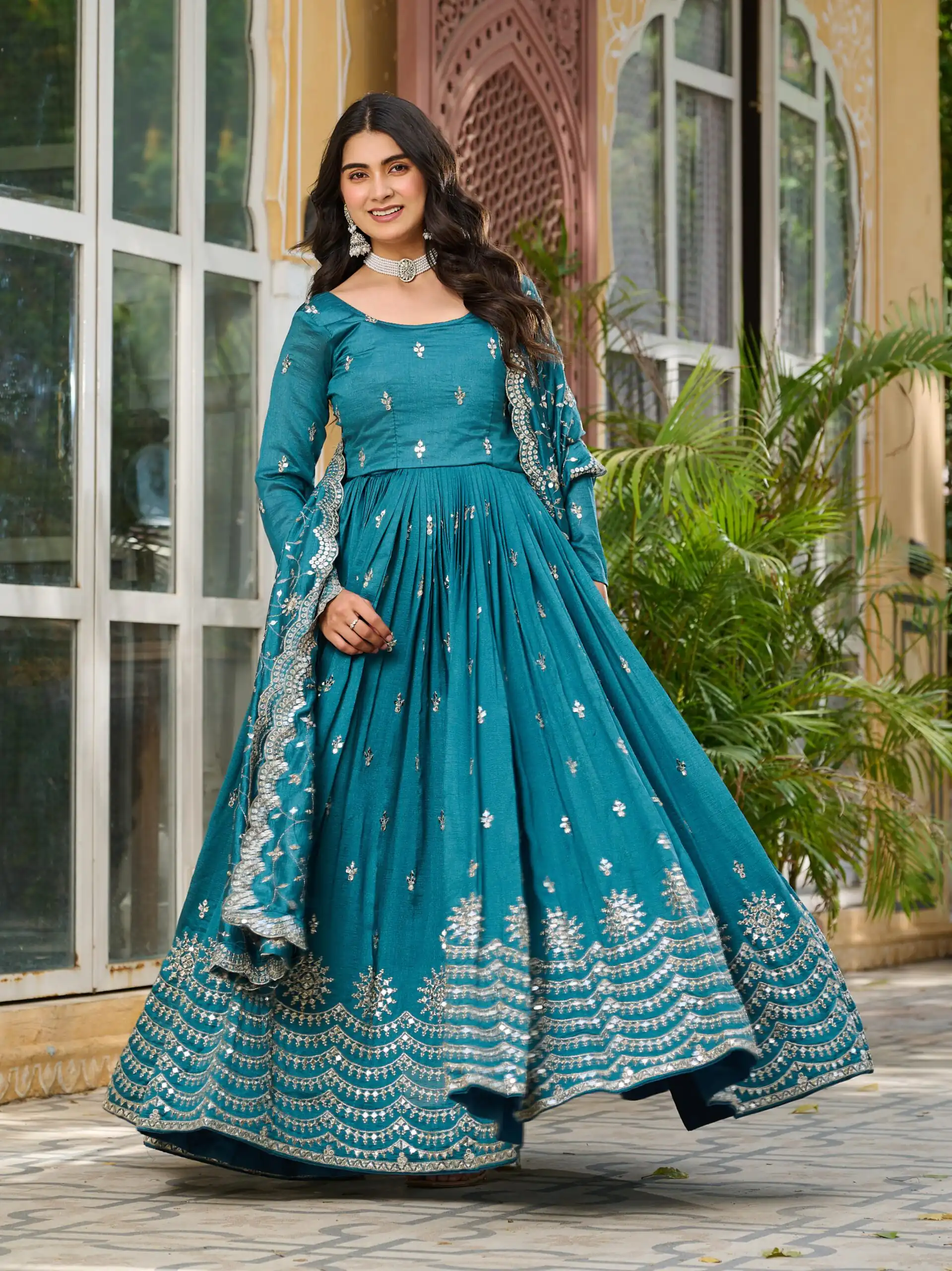 Ram 097 Blue Vichitra Silk Gown with Embroidery Work. Wedding, Party, Festive, Events Affordable Price ₹2549. Delivery 4-6 Working Days. Shop now. | Bollywood Gowns, Creative Gowns, Designer Gowns, Embroidered Gowns, Gowns, Party Wear Gowns
