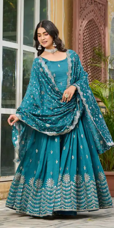 Ram 097 Blue Vichitra Silk Gown with Embroidery Work. Wedding, Party, Festive, Events Affordable Price ₹2549. Delivery 4-6 Working Days. Shop now. | Bollywood Gowns, Creative Gowns, Designer Gowns, Embroidered Gowns, Gowns, Party Wear Gowns
