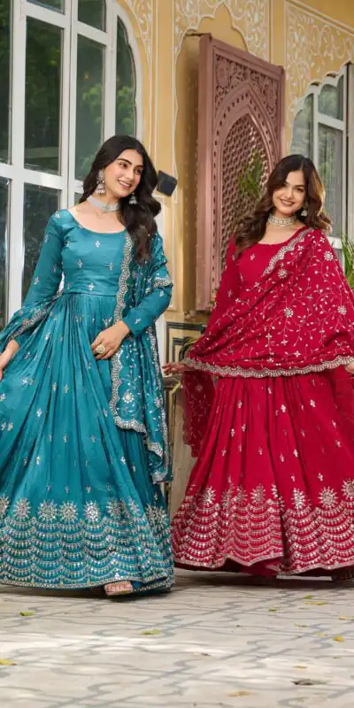 Ram 097 Blue Vichitra Silk Gown with Embroidery Work. Wedding, Party, Festive, Events Affordable Price ₹2549. Delivery 4-6 Working Days. Shop now. | Bollywood Gowns, Creative Gowns, Designer Gowns, Embroidered Gowns, Gowns, Party Wear Gowns